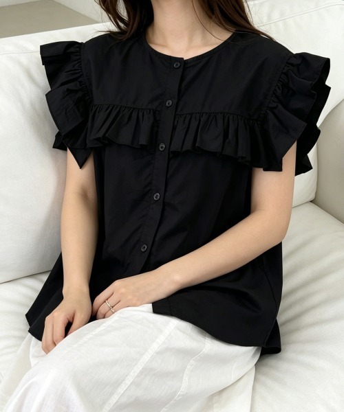 Miniministore(ミニミニストア)の「レディースフリルブラウス 半袖シャツ夏服(シャツ/ブラウス・レディース・ホワイト/ブラック/ベージュ/グレー/ブルー/グリーン・FREE)」の2枚目の写真