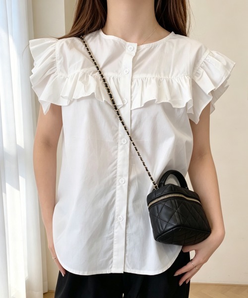 Miniministore(ミニミニストア)の「レディースフリルブラウス 半袖シャツ夏服(シャツ/ブラウス・レディース・ホワイト/ブラック/ベージュ/グレー/ブルー/グリーン・FREE)」の20枚目の写真