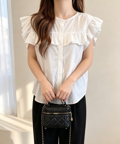 Miniministore(ミニミニストア)の「レディースフリルブラウス 半袖シャツ夏服(シャツ/ブラウス・レディース・ホワイト/ブラック/ベージュ/グレー/ブルー/グリーン・FREE)」の21枚目の写真
