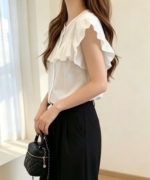Miniministore(ミニミニストア)の「レディースフリルブラウス 半袖シャツ夏服(シャツ/ブラウス・レディース・ホワイト/ブラック/ベージュ/グレー/ブルー/グリーン・FREE)」の22枚目の写真