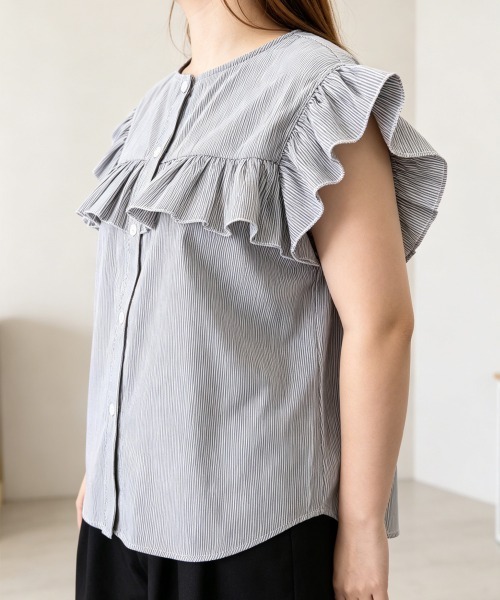 Miniministore(ミニミニストア)の「レディースフリルブラウス 半袖シャツ夏服(シャツ/ブラウス・レディース・ホワイト/ブラック/ベージュ/グレー/ブルー/グリーン・FREE)」の14枚目の写真