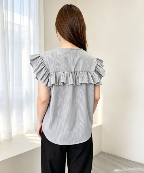 Miniministore(ミニミニストア)の「レディースフリルブラウス 半袖シャツ夏服(シャツ/ブラウス・レディース・ホワイト/ブラック/ベージュ/グレー/ブルー/グリーン・FREE)」の15枚目の写真