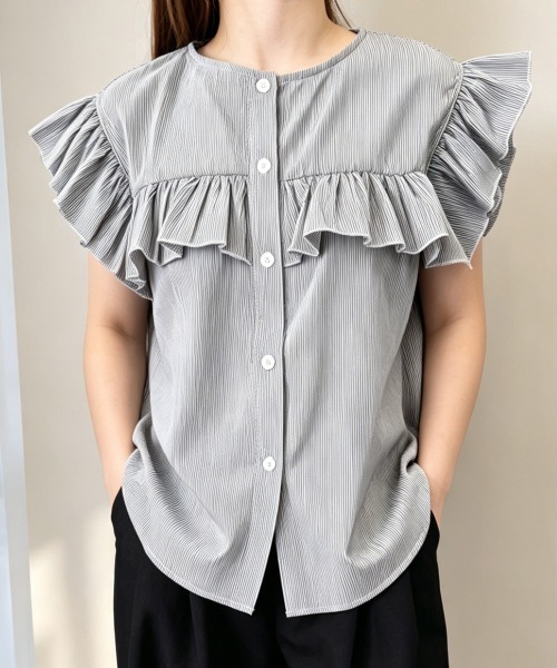 Miniministore(ミニミニストア)の「レディースフリルブラウス 半袖シャツ夏服(シャツ/ブラウス・レディース・ホワイト/ブラック/ベージュ/グレー/ブルー/グリーン・FREE)」の16枚目の写真