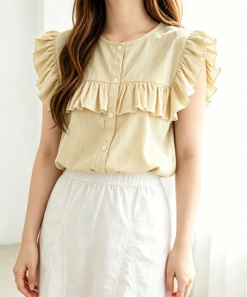 Miniministore(ミニミニストア)の「レディースフリルブラウス 半袖シャツ夏服(シャツ/ブラウス・レディース・ホワイト/ブラック/ベージュ/グレー/ブルー/グリーン・FREE)」の17枚目の写真