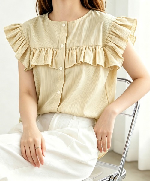 Miniministore(ミニミニストア)の「レディースフリルブラウス 半袖シャツ夏服(シャツ/ブラウス・レディース・ホワイト/ブラック/ベージュ/グレー/ブルー/グリーン・FREE)」の18枚目の写真