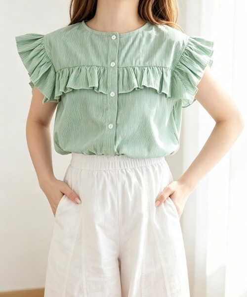 Miniministore(ミニミニストア)の「レディースフリルブラウス 半袖シャツ夏服(シャツ/ブラウス・レディース・ホワイト/ブラック/ベージュ/グレー/ブルー/グリーン・FREE)」の19枚目の写真