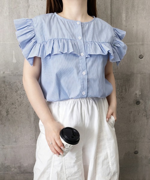 Miniministore(ミニミニストア)の「レディースフリルブラウス 半袖シャツ夏服(シャツ/ブラウス・レディース・ホワイト/ブラック/ベージュ/グレー/ブルー/グリーン・FREE)」の9枚目の写真