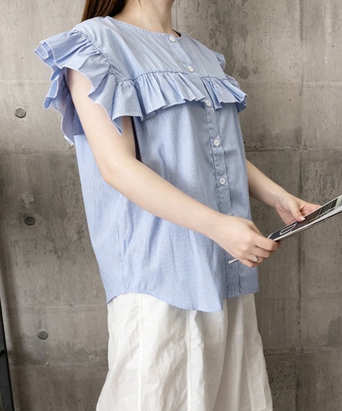 Miniministore(ミニミニストア)の「レディースフリルブラウス 半袖シャツ夏服(シャツ/ブラウス・レディース・ホワイト/ブラック/ベージュ/グレー/ブルー/グリーン・FREE)」の10枚目の写真