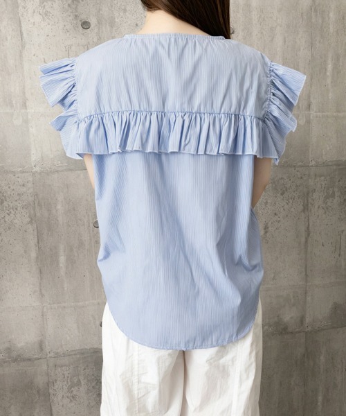 Miniministore(ミニミニストア)の「レディースフリルブラウス 半袖シャツ夏服(シャツ/ブラウス・レディース・ホワイト/ブラック/ベージュ/グレー/ブルー/グリーン・FREE)」の11枚目の写真
