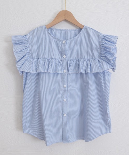 Miniministore(ミニミニストア)の「レディースフリルブラウス 半袖シャツ夏服(シャツ/ブラウス・レディース・ホワイト/ブラック/ベージュ/グレー/ブルー/グリーン・FREE)」の12枚目の写真