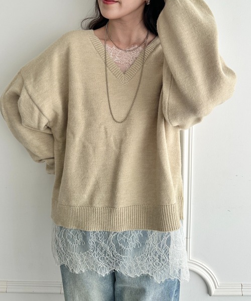 MYMOOD.（マイムード）の「裾レースレイヤードアルパカニットプルオーバー（ニット/セーター・レディース・ブラック/ベージュ/ブラウン/グレー・FREE）」の5枚目の写真
