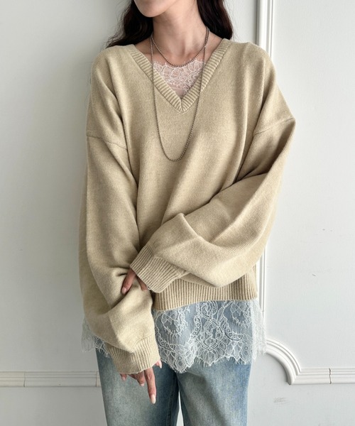 MYMOOD.（マイムード）の「裾レースレイヤードアルパカニットプルオーバー（ニット/セーター・レディース・ブラック/ベージュ/ブラウン/グレー・FREE）」の6枚目の写真