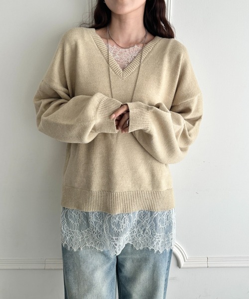 MYMOOD.（マイムード）の「裾レースレイヤードアルパカニットプルオーバー（ニット/セーター・レディース・ブラック/ベージュ/ブラウン/グレー・FREE）」の7枚目の写真