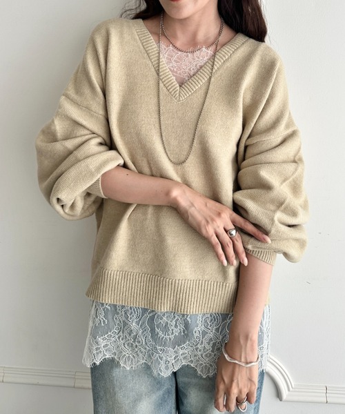 MYMOOD.（マイムード）の「裾レースレイヤードアルパカニットプルオーバー（ニット/セーター・レディース・ブラック/ベージュ/ブラウン/グレー・FREE）」の11枚目の写真
