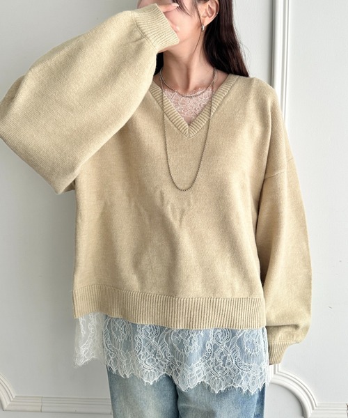 MYMOOD.（マイムード）の「裾レースレイヤードアルパカニットプルオーバー（ニット/セーター・レディース・ブラック/ベージュ/ブラウン/グレー・FREE）」の8枚目の写真