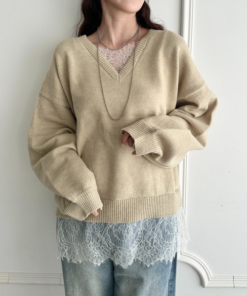 MYMOOD.（マイムード）の「裾レースレイヤードアルパカニットプルオーバー（ニット/セーター・レディース・ブラック/ベージュ/ブラウン/グレー・FREE）」の9枚目の写真