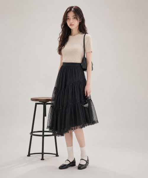 KONVINI(コンビニ)の「【KONVINI select】チュールスカート レディース バレエコア ドットチュール 重ね着レイヤード シアースカート 韓国ファッション(スカート・レディース・ホワイト/ブラック系その他/ホワイト系その他・FREE)」の18枚目の写真
