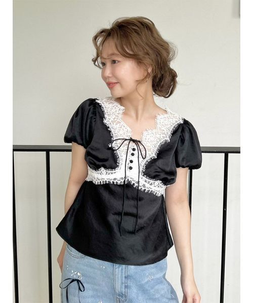 LILY BROWN(リリーブラウン)の「ヴィンテージレースサテントップス(Tシャツ/カットソー・レディース・ライトブルー/ブラック/アイボリー/ピンク・F)」の3枚目の写真