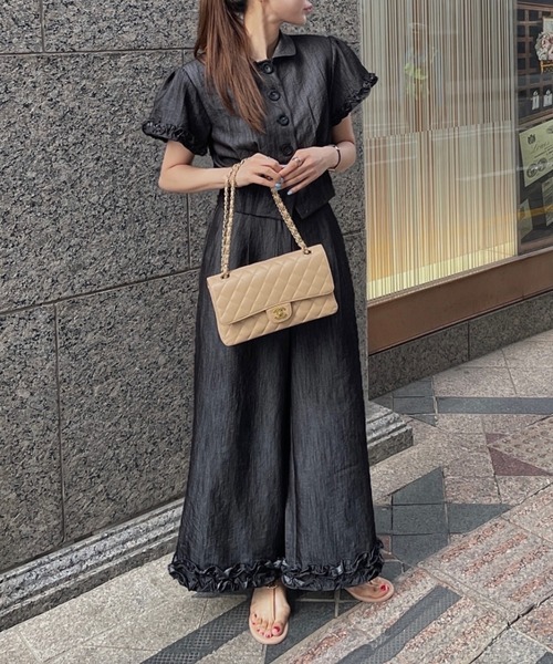FAVORITO（ファヴォリート）の「シャツトップスワイドパンツセットアップ（セットアップ・レディース・ブラック/ベージュ・F）」の2枚目の写真