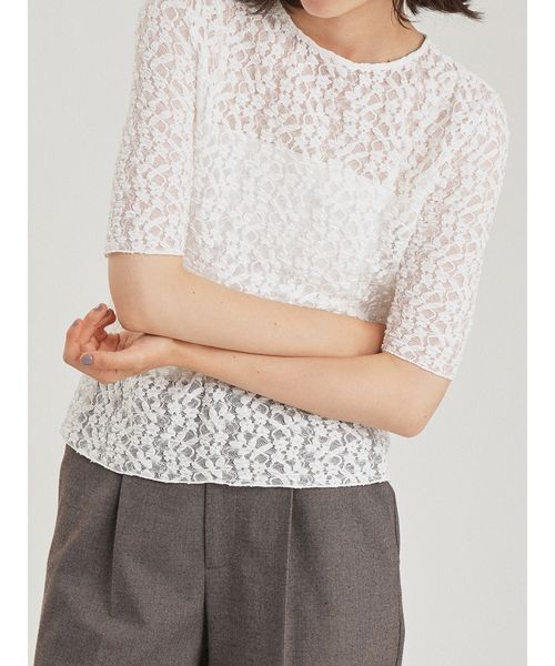 Mila Owen(ミラオーウェン)の「フラワーレース半袖Tシャツ(Tシャツ/カットソー・レディース・ホワイト/ブラック/ブラウン・F)」の12枚目の写真