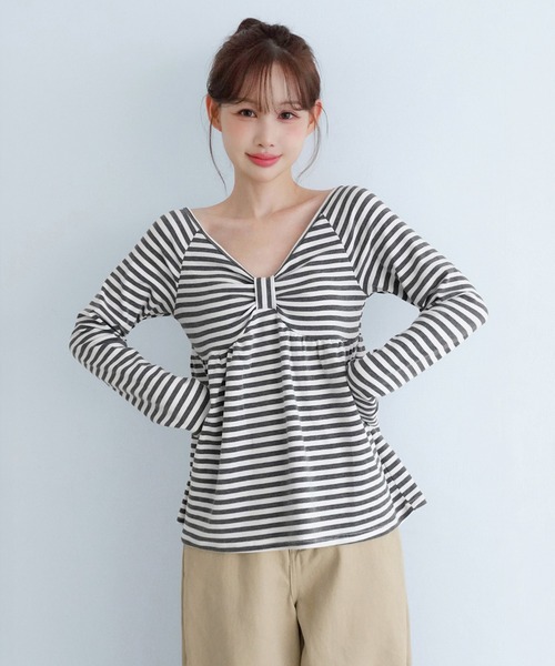 by muni:r（バイ ムニール）の「ストライプリボン ボートネックTシャツ/2026 AW COLLECTION（Tシャツ/カットソー・レディース・グレー/ブラック・FREE）」の13枚目の写真