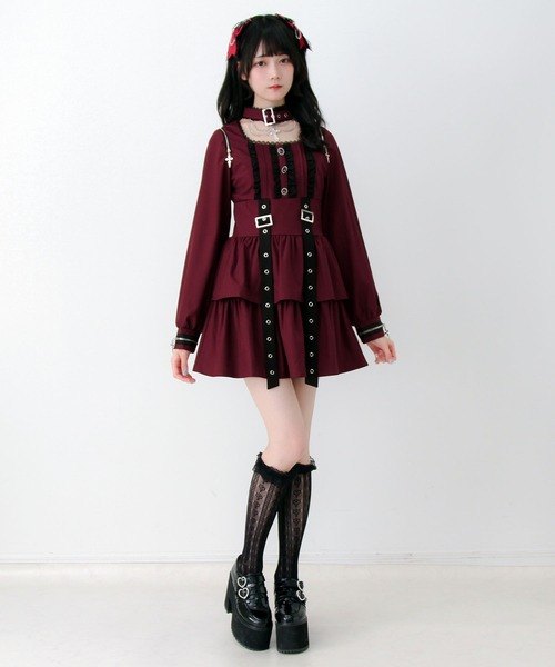 DearMyLove(ディアマイラブ)の「2wayチョーカー風クロスチェーンファスナー肩開きベルトティアードワンピース(ワンピース・レディース・ストライプ/ボルドー/ブラック・3L/LARGE/MEDIUM)」の7枚目の写真
