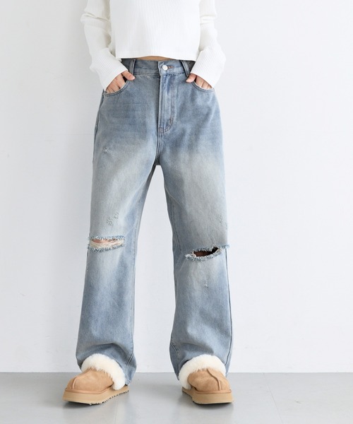 coca(coca)(コカ)の「ユース デニムダメージパンツ(デニムパンツ・レディース・ブラック/ライトブルー・L/M/S)」の5枚目の写真