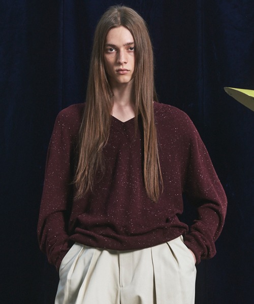 UNISEX — вязаная футболка с V‑образным вырезом Prime‑Over (Nep yarn ribbed) 【MAISON SPECIAL】