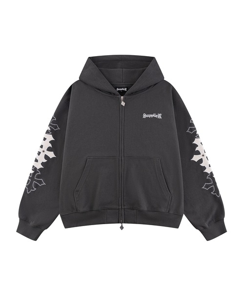 ジップフーディ｜Multiple Cross Leather Patch Zip Hoodie｜SUPPLIER