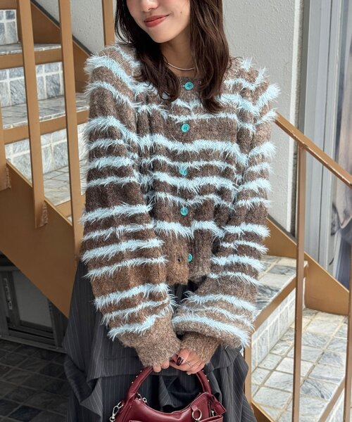 CIAOPANIC(チャオパニック)の「シャギーボーダーMIXニットカーディガン(カーディガン/ボレロ・レディース・イエロー/サックスブルー/カーキ/ピンク・ONE SIZE)」の2枚目の写真