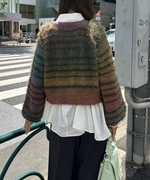 CIAOPANIC(チャオパニック)の「シャギーボーダーMIXニットカーディガン(カーディガン/ボレロ・レディース・イエロー/サックスブルー/カーキ/ピンク・ONE SIZE)」の16枚目の写真