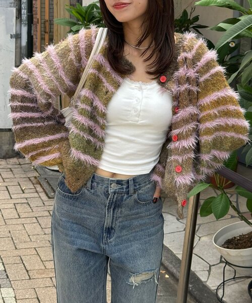 CIAOPANIC(チャオパニック)の「シャギーボーダーMIXニットカーディガン(カーディガン/ボレロ・レディース・イエロー/サックスブルー/カーキ/ピンク・ONE SIZE)」の5枚目の写真
