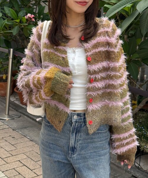 CIAOPANIC(チャオパニック)の「シャギーボーダーMIXニットカーディガン(カーディガン/ボレロ・レディース・イエロー/サックスブルー/カーキ/ピンク・ONE SIZE)」の6枚目の写真