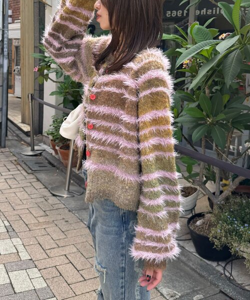 CIAOPANIC(チャオパニック)の「シャギーボーダーMIXニットカーディガン(カーディガン/ボレロ・レディース・イエロー/サックスブルー/カーキ/ピンク・ONE SIZE)」の7枚目の写真