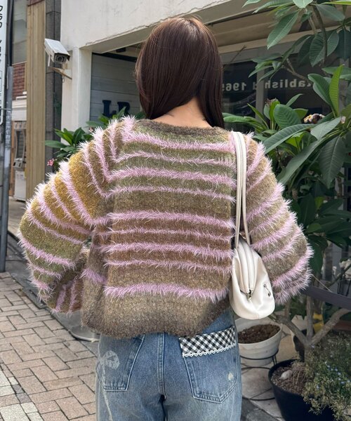 CIAOPANIC(チャオパニック)の「シャギーボーダーMIXニットカーディガン(カーディガン/ボレロ・レディース・イエロー/サックスブルー/カーキ/ピンク・ONE SIZE)」の8枚目の写真