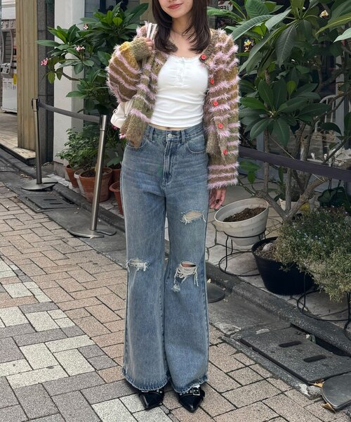 CIAOPANIC(チャオパニック)の「シャギーボーダーMIXニットカーディガン(カーディガン/ボレロ・レディース・イエロー/サックスブルー/カーキ/ピンク・ONE SIZE)」の9枚目の写真
