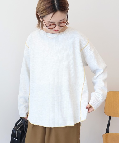 AMERICAN HOLIC（アメリカンホリック）の「【WEB限定】ワッフル配色メロープルオーバー（Tシャツ/カットソー・レディース・ブラック/カーキ/チャコールグレー/ホワイト系その他・L/M）」の2枚目の写真