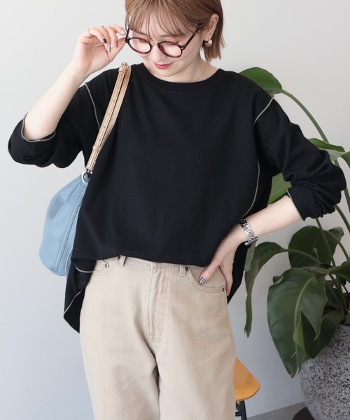 AMERICAN HOLIC（アメリカンホリック）の「【WEB限定】ワッフル配色メロープルオーバー（Tシャツ/カットソー・レディース・ブラック/カーキ/チャコールグレー/ホワイト系その他・L/M）」の3枚目の写真