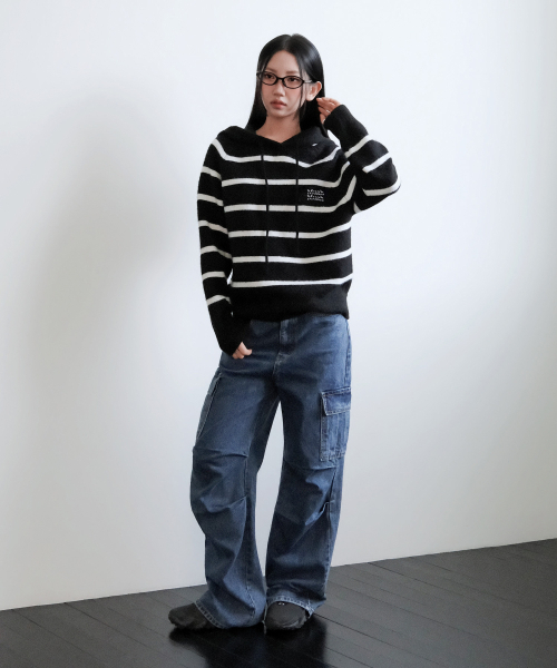 muahmuah（ムーアムーア）の「ストライプ ウール ブラッシュド フードニット [ブラック]（ニット/セーター・レディース・その他・FREE）」の2枚目の写真