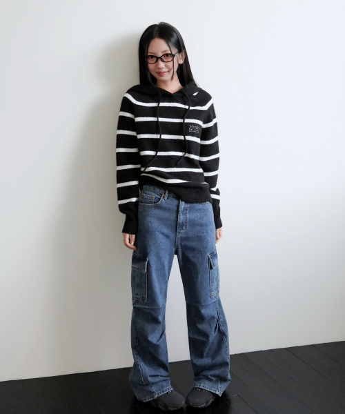 muahmuah（ムーアムーア）の「ストライプ ウール ブラッシュド フードニット [ブラック]（ニット/セーター・レディース・その他・FREE）」の5枚目の写真