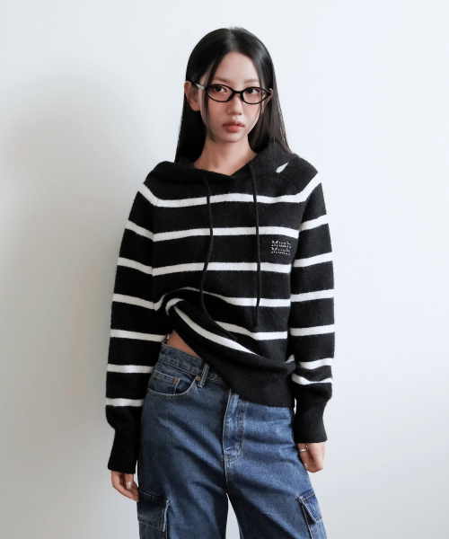 muahmuah（ムーアムーア）の「ストライプ ウール ブラッシュド フードニット [ブラック]（ニット/セーター・レディース・その他・FREE）」の6枚目の写真