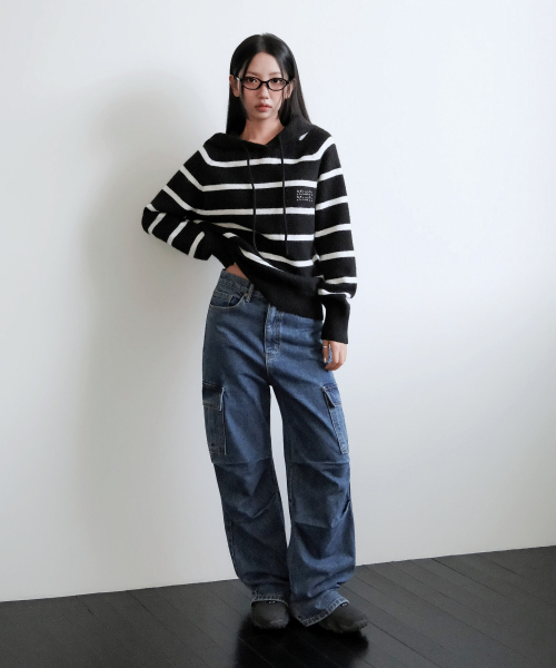 muahmuah（ムーアムーア）の「ストライプ ウール ブラッシュド フードニット [ブラック]（ニット/セーター・レディース・その他・FREE）」の7枚目の写真