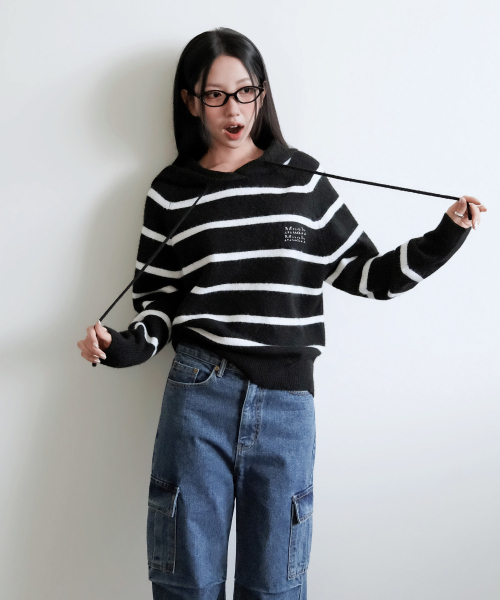 muahmuah（ムーアムーア）の「ストライプ ウール ブラッシュド フードニット [ブラック]（ニット/セーター・レディース・その他・FREE）」の8枚目の写真