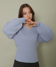 バルーンスリーブVネックリブニット
