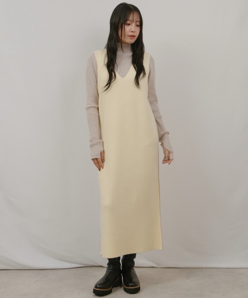 palm RICHE(ポームリシュ)の「アンサンブルニットジャンスカ(ジャンパースカート・レディース・ブラック/チャコールグレー/オフホワイト・M)」の1枚目の写真