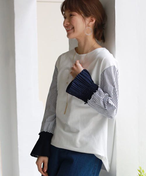 REAL CUBE(リアルキューブ)の「TRANOI ストライプシャツスリーブトップス(Tシャツ/カットソー・レディース・オフホワイト/ネイビー・1)」の3枚目の写真