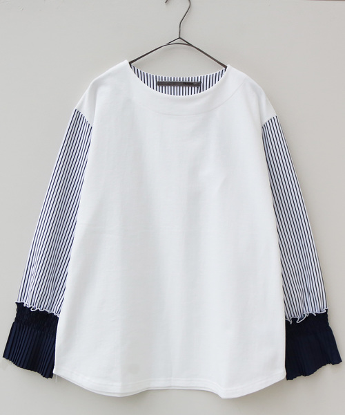 REAL CUBE(リアルキューブ)の「TRANOI ストライプシャツスリーブトップス(Tシャツ/カットソー・レディース・オフホワイト/ネイビー・1)」の6枚目の写真