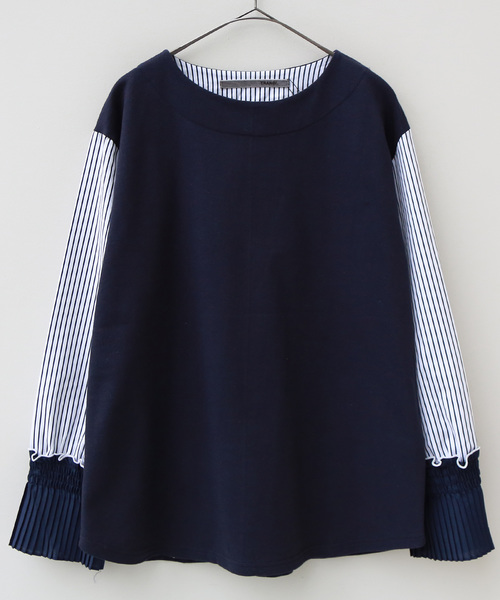 REAL CUBE(リアルキューブ)の「TRANOI ストライプシャツスリーブトップス(Tシャツ/カットソー・レディース・オフホワイト/ネイビー・1)」の5枚目の写真
