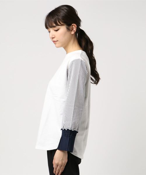 REAL CUBE(リアルキューブ)の「TRANOI ストライプシャツスリーブトップス(Tシャツ/カットソー・レディース・オフホワイト/ネイビー・1)」の8枚目の写真