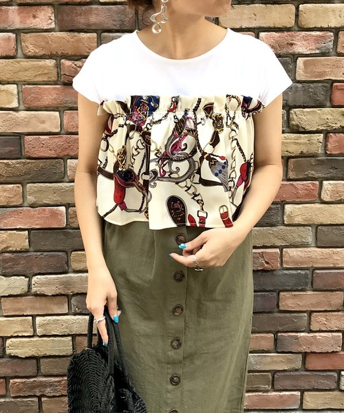 tシャツ スカーフドッキングトップス レディース スカーフドッキングTシャツ 全2色 R1509 | Riric 一癖可愛く